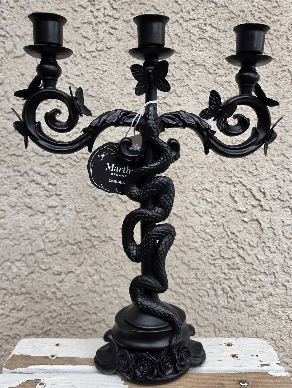 Martha Stewart Matte Black Snake & Butterfly Three-Arm Candelabra Halloween NWT